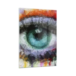 Cuadro sobre vidrio - Impresiones sobre Vidrio - Un ojo geométrico en colores vibrantes con efecto cristal. - 50x70cm - El brillo cristalino de los ojos - Decoración de pared moderna para salón y dormitorio ARTTOR