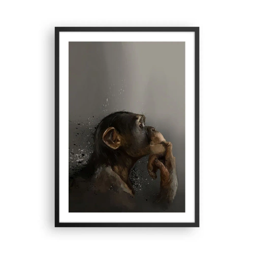 Póster en marco negro - Retrato de un mono pensante en suaves tonos grises con un fondo abstracto. - 50x70cm - La evolución del pensador - Decoración de pared moderna para salón y dormitorio ARTTOR