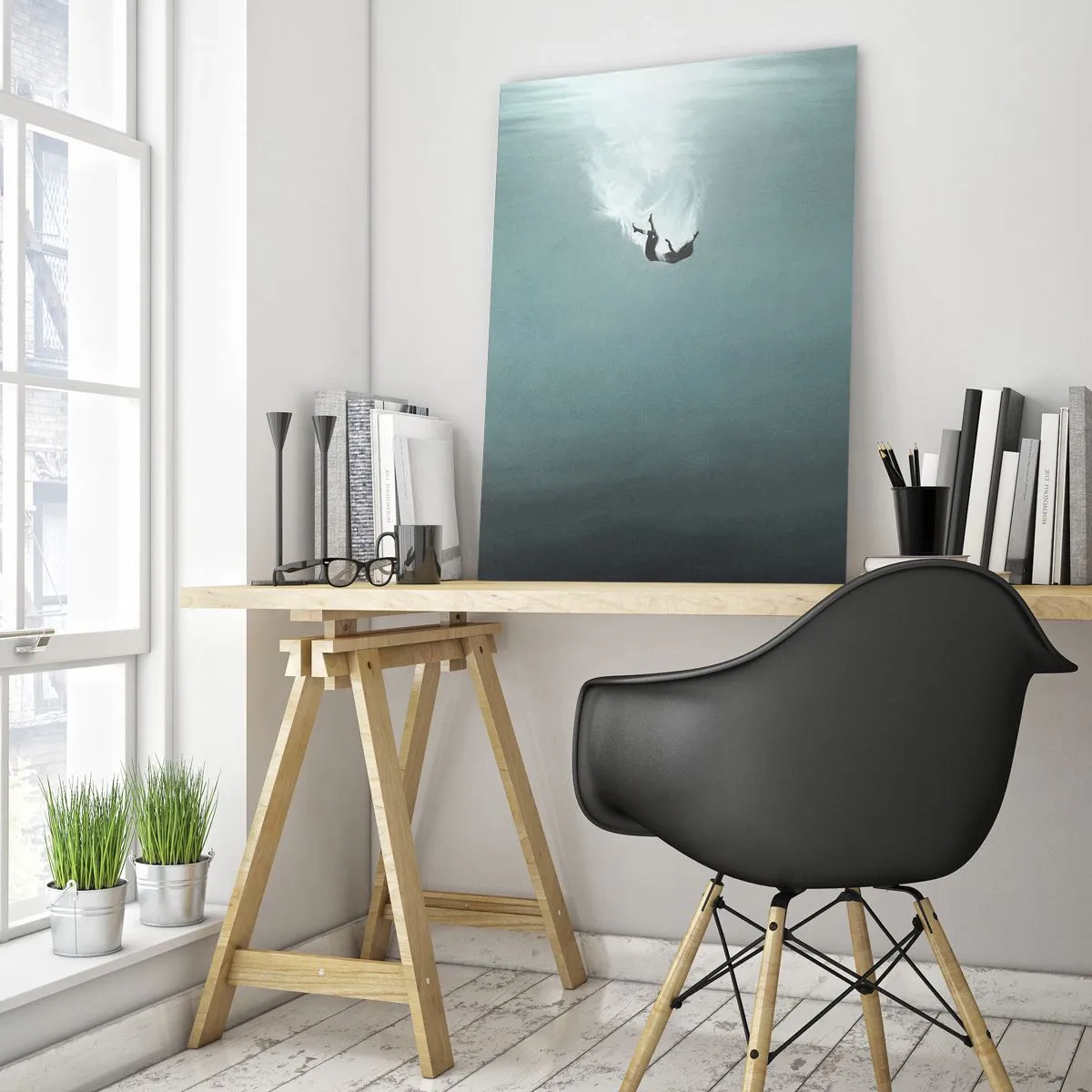 Cuadro sobre vidrio - Impresiones sobre Vidrio - Una figura sumergida en aguas turquesas profundas. - 80x120cm - En el abrazo del océano - Decoración de pared moderna para salón y dormitorio ARTTOR