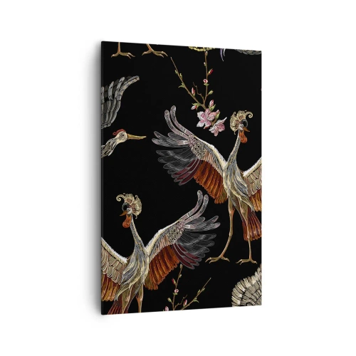 Cuadro sobre lienzo - Impresión de Imagen - Grullas y flores elegantes sobre un fondo negro. - 80x120cm - Aves de cuento de hadas - Decoración de pared moderna para salón y dormitorio ARTTOR