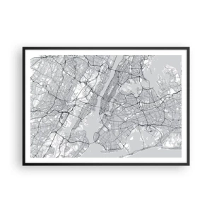 Póster en marco negro - Un mapa de la ciudad en estilo minimalista sobre un fondo gris. - 100x70cm - Anatomía de una metrópolis - Decoración de pared moderna para salón y dormitorio ARTTOR