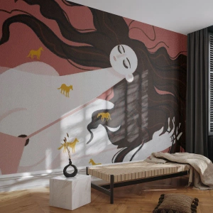 Fotomural Premium Sand - Mujer reclinada con cabello largo y caballos dorados - 100x70cm - Sueño de caballos dorados - Decoración de pared moderna para salón y dormitorio ARTTOR