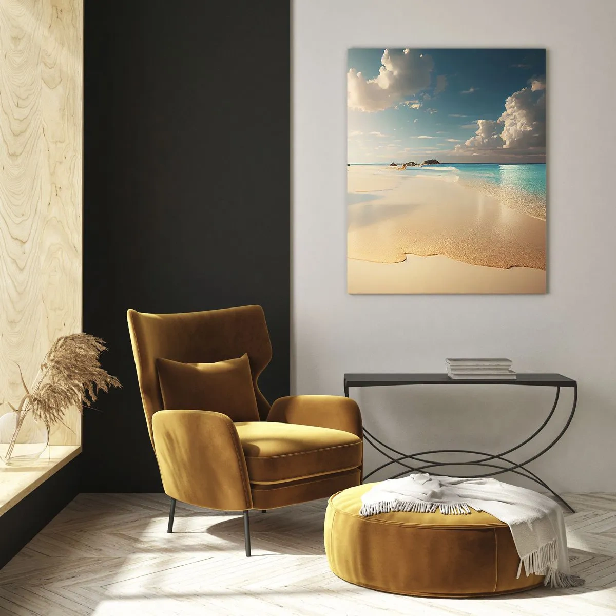 Cuadro sobre vidrio - Impresiones sobre Vidrio - Una playa soleada con mar azul y rocas. - 70x100cm - Un día de ensueño - Decoración de pared moderna para salón y dormitorio ARTTOR