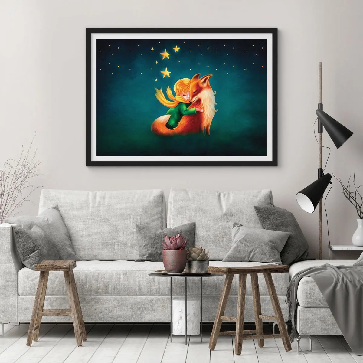 Póster en marco negro - Un niño con un zorro en un entorno mágico con estrellas. - 100x70cm - El Principito - Decoración de pared moderna para salón y dormitorio ARTTOR