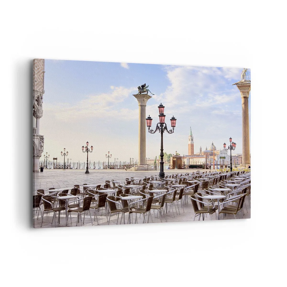 Cuadro sobre lienzo - Impresión de Imagen - Venecia, vista de la plaza con columnas y mesas de café. - 100x70cm - Vamos, todo está listo - Decoración de pared moderna para salón y dormitorio ARTTOR