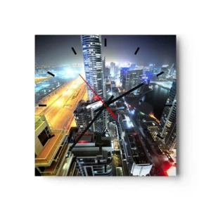 Reloj de pared - Reloj de vidrio - Panorama de la ciudad nocturna con rascacielos iluminados - 30x30cm - Un milagro en el desierto - Decoración de pared moderna para salón y dormitorio ARTTOR