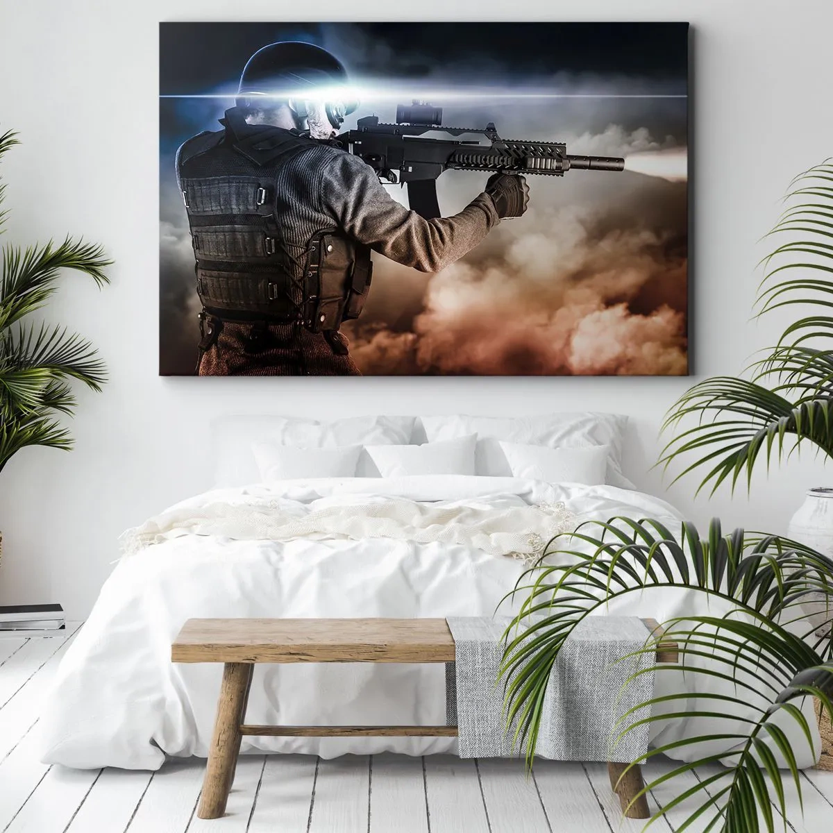 Cuadro sobre lienzo - Impresión de Imagen - Un soldado en acción con un rifle contra un fondo de nubes y luz. - 70x50cm - Luchador - Decoración de pared moderna para salón y dormitorio ARTTOR