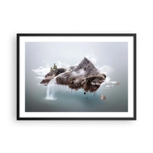 Póster en marco negro - Una montaña surrealista flotando en las nubes con una cascada. - 70x50cm - Isla surrealista - Decoración de pared moderna para salón y dormitorio ARTTOR