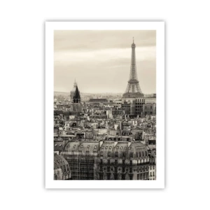 Póster - Panorama de París con la Torre Eiffel en tonos sepia - 50x70cm - Sobre los tejados de París - Decoración de pared moderna para salón y dormitorio ARTTOR