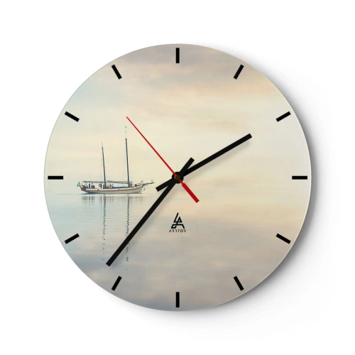 Reloj de pared - Reloj de vidrio - Un yate de vela en un mar tranquilo por la mañana. - 30x30cm - En un mar de silencio - Decoración de pared moderna para salón, cocina y dormitorio ARTTOR