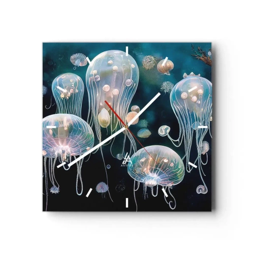 Reloj de pared - Reloj de vidrio - Delicadas medusas en el mundo submarino - 30x30cm - Globos submarinos - Decoración de pared moderna para salón y dormitorio ARTTOR