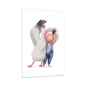 Cuadro sobre vidrio - Impresiones sobre Vidrio - Ilustración de un niño con un pelícano y un telescopio en la mano. - 80x120cm - Un plan para un gran viaje - Decoración de pared moderna para salón y dormitorio ARTTOR
