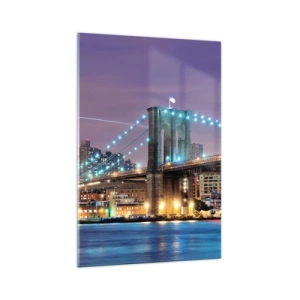 Cuadro sobre vidrio - Impresiones sobre Vidrio - Puente de Brooklyn de noche con la ciudad iluminada al fondo - 70x100cm - Durante muchos años, el puente de Brooklyn - Decoración de pared moderna para salón y dormitorio ARTTOR