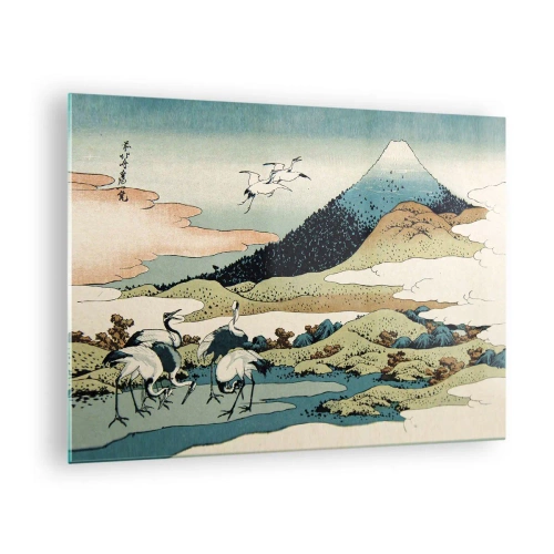 Cuadro sobre vidrio - Impresiones sobre Vidrio - Una pintura de pájaros en un paisaje japonés con vistas al monte Fuji. - 70x50cm - Alma japonesa - Decoración de pared moderna para salón y dormitorio ARTTOR
