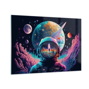 Cuadro sobre vidrio - Impresiones sobre Vidrio - Un paisaje espacial con un astronauta y un planeta surrealista. - 70x50cm - Sueños de niño - Decoración de pared moderna para salón y dormitorio ARTTOR