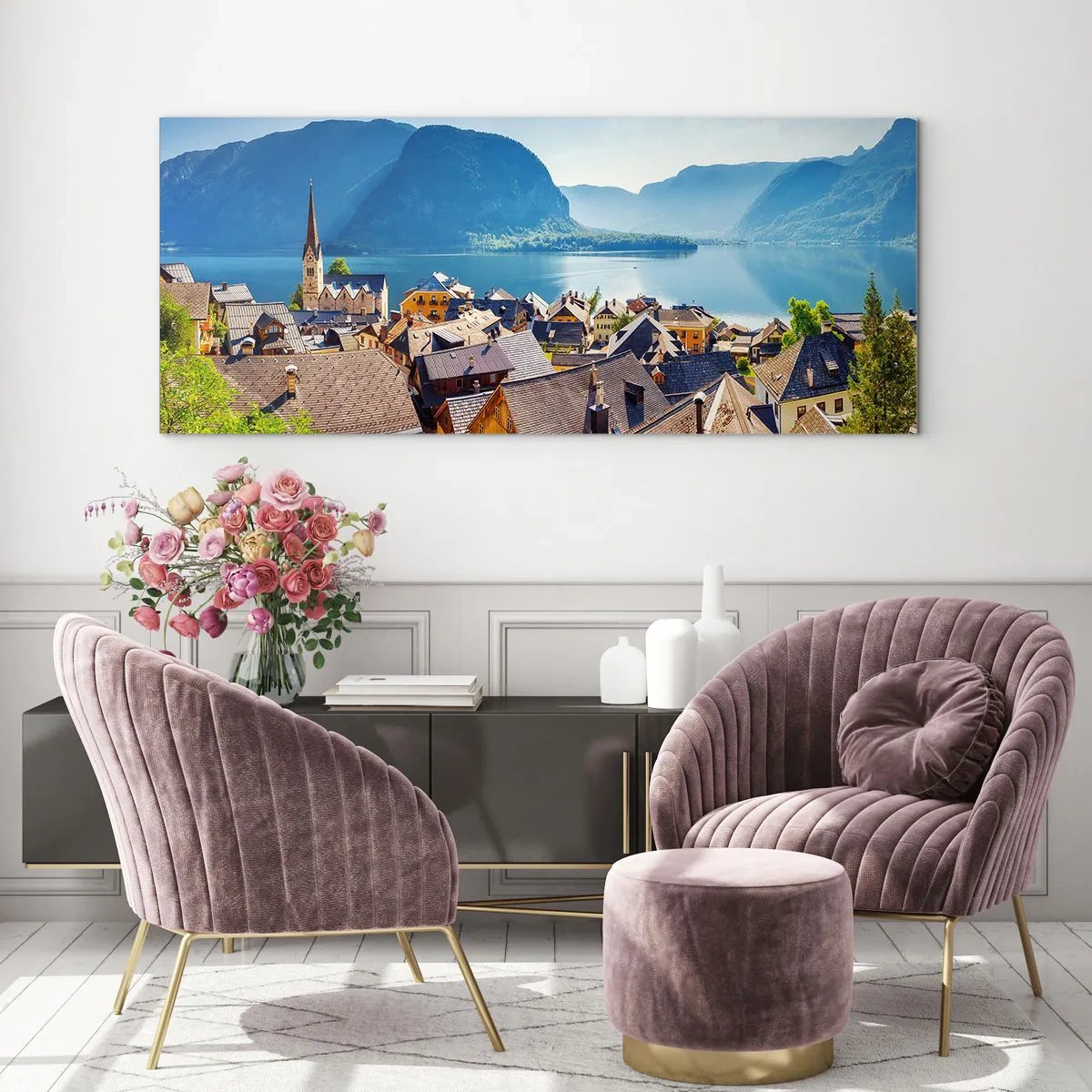 Cuadro sobre vidrio - Impresiones sobre Vidrio - Un pintoresco pueblo junto a un lago rodeado de montañas en un día soleado. - 160x50cm - No podría ser más pintoresco - Decoración de pared moderna para salón y dormitorio ARTTOR