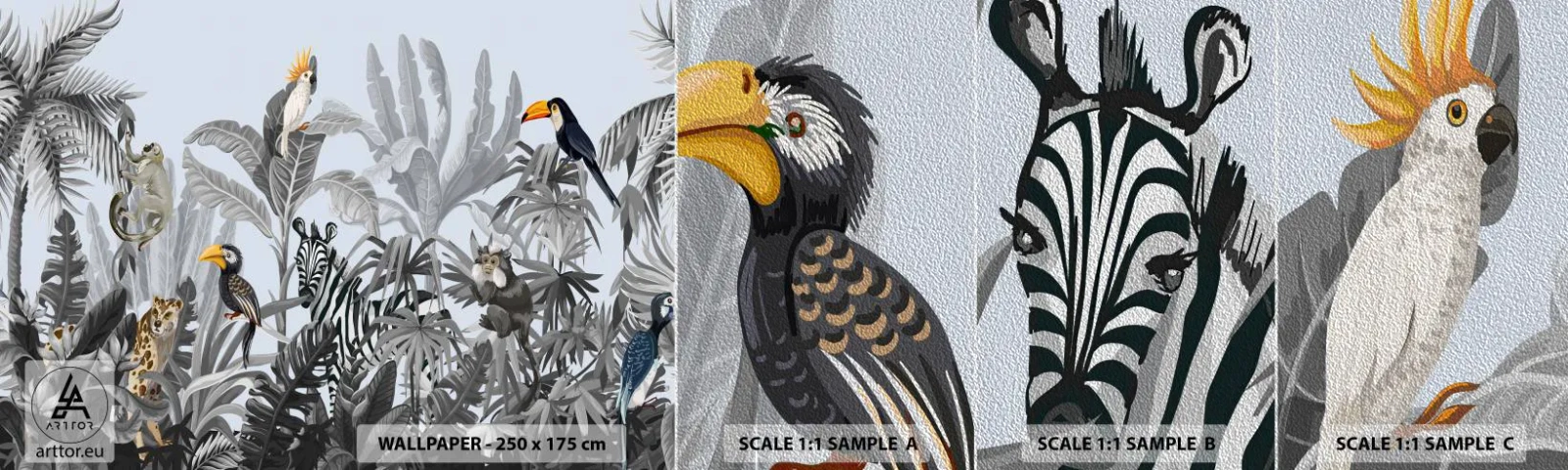 Muestra de fotomural Premium Sand - Un cuento de hadas africano - Abstracción, Selva, animales - 100x30 cm