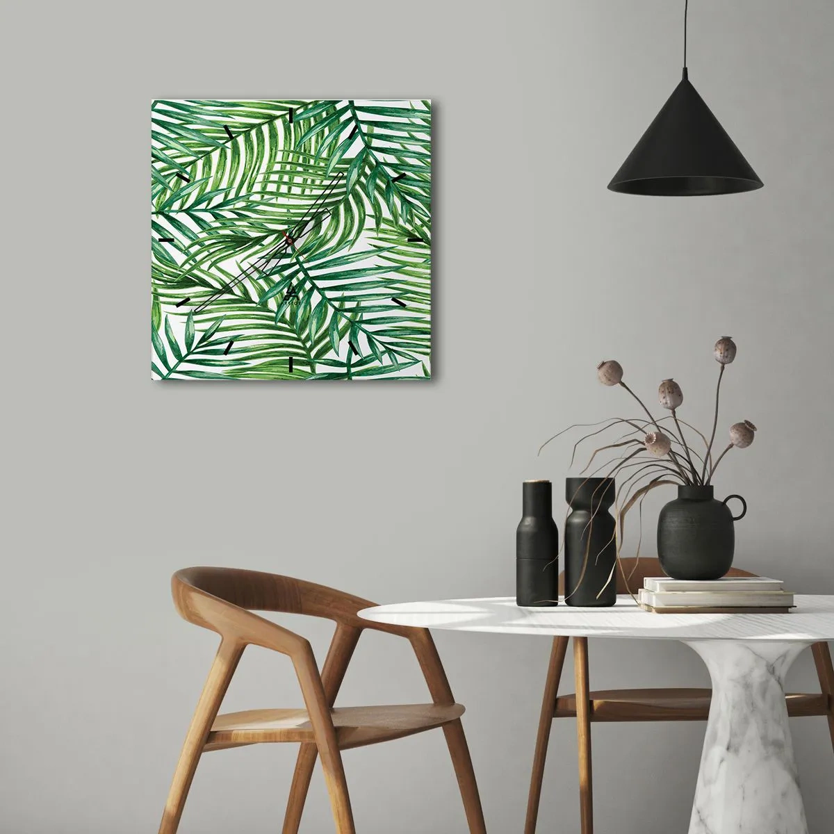 Reloj de pared - Reloj de vidrio - Hojas de palmera tropical verde sobre un fondo claro - 30x30cm - Bajo el verde - Decoración de pared moderna para salón y dormitorio ARTTOR
