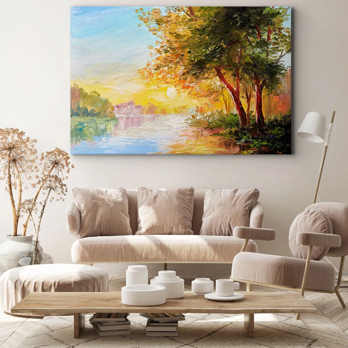 Cuadro sobre lienzo - Impresión de Imagen - Un paisaje pintoresco con un río y árboles al atardecer. - 100x70cm - Ensueño - Decoración de pared moderna para salón y dormitorio ARTTOR