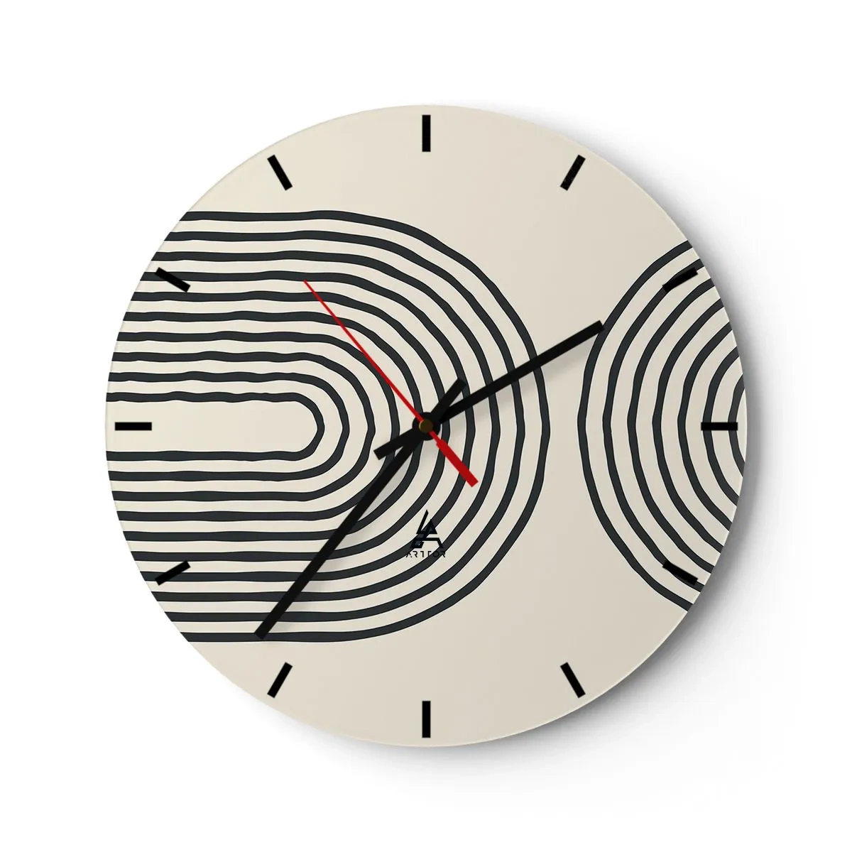 Reloj de pared - Reloj de vidrio - Líneas geométricas en forma de ondas concéntricas sobre un fondo beige. - 30x30cm - Próximamente... - Decoración de pared moderna para salón, cocina y dormitorio ARTTOR