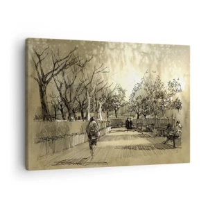 Cuadro sobre lienzo - Impresión de Imagen - Una escena de dibujos animados de un parque con gente caminando en tonos cálidos. - 70x50cm - Un momento hecho a pluma - Decoración de pared moderna para salón y dormitorio ARTTOR