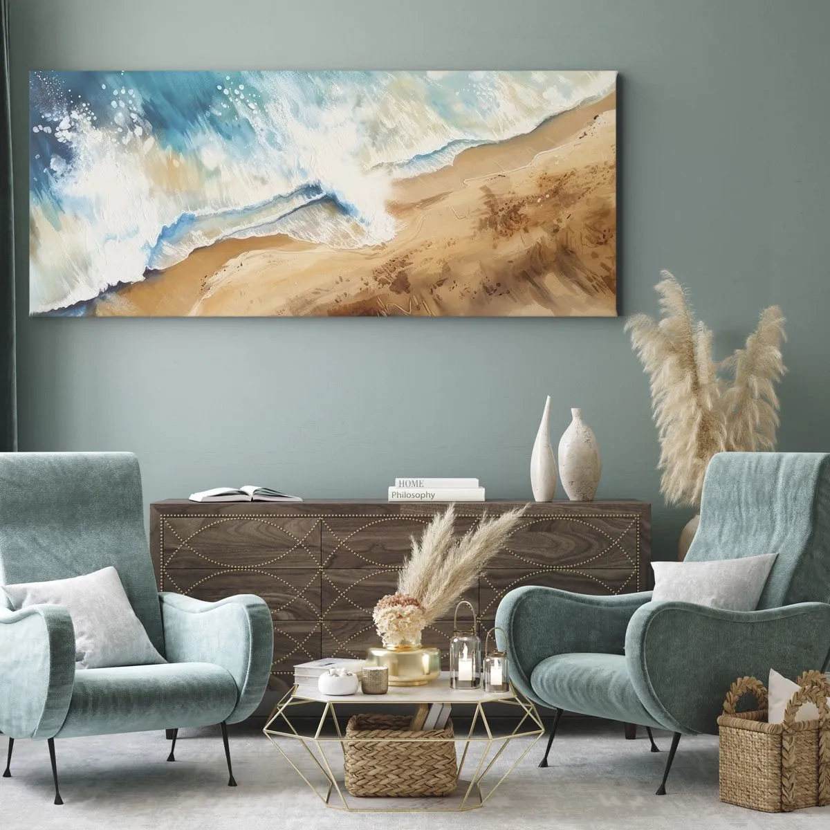 Cuadro sobre lienzo - Impresión de Imagen - Una ola del mar rompiendo contra la orilla arenosa - 160x50cm - Olas recurrentes - Decoración de pared moderna para salón y dormitorio ARTTOR
