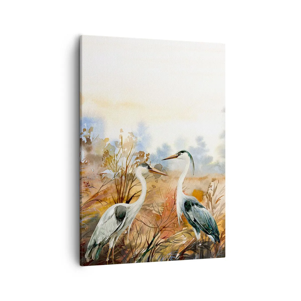 Cuadro sobre lienzo - Impresión de Imagen - Dos garzas sobre el fondo de un paisaje otoñal. - 50x70cm - ¿A dónde nos dirigimos en otoño? - Decoración de pared moderna para salón y dormitorio ARTTOR