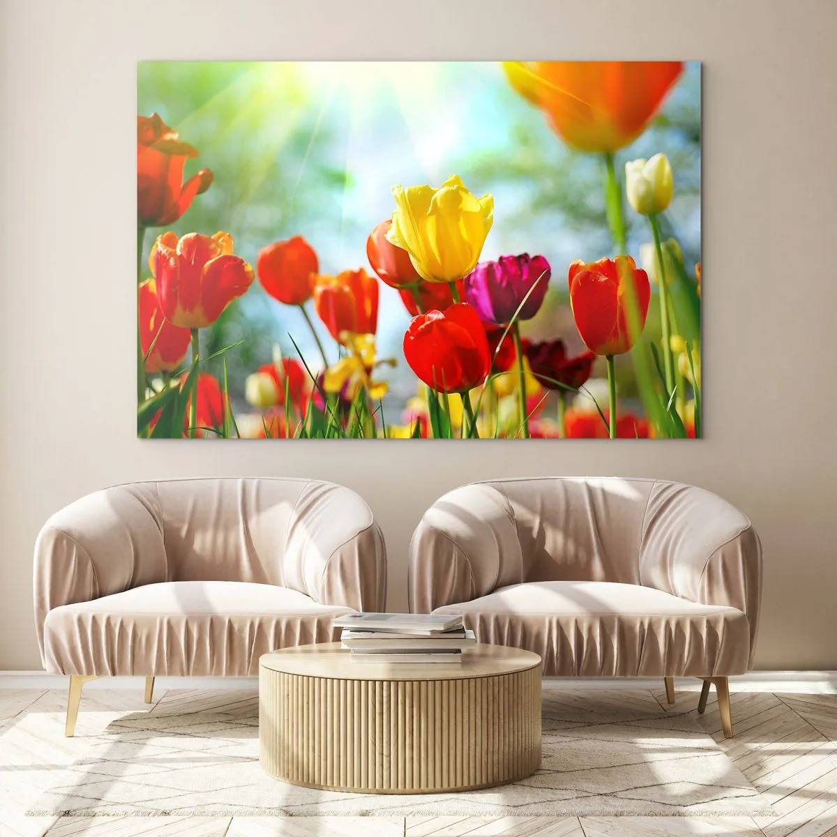 Cuadro sobre vidrio - Impresiones sobre Vidrio - Tulipanes coloridos iluminados por los rayos del sol. - 120x80cm - Todos los tonos del sol - Decoración de pared moderna para salón y dormitorio ARTTOR