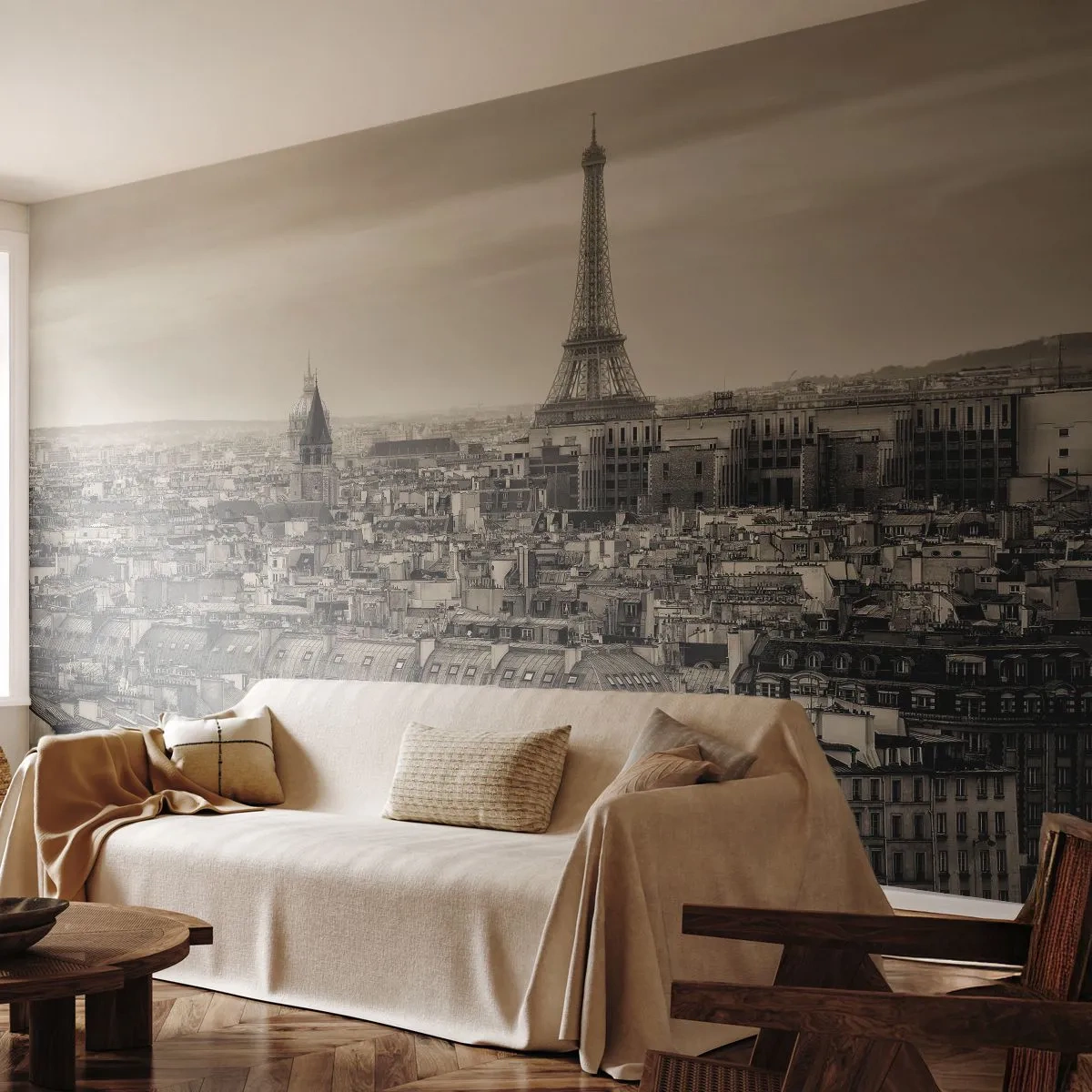 Fotomural Premium Sand - Panorama de la ciudad con una torre en tonos sepia - 100x70cm - Sobre los tejados de París - Decoración de pared moderna para salón y dormitorio ARTTOR