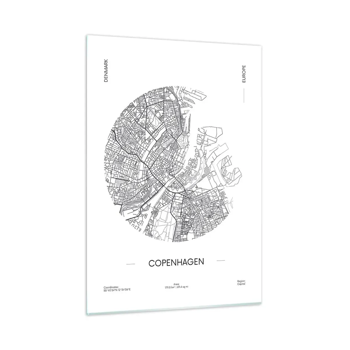 Cuadro sobre vidrio - Impresiones sobre Vidrio - Un mapa de Copenhague en forma de boceto gráfico de calles - 50x70cm - Anatomía de Copenhague - Decoración de pared moderna para salón y dormitorio ARTTOR