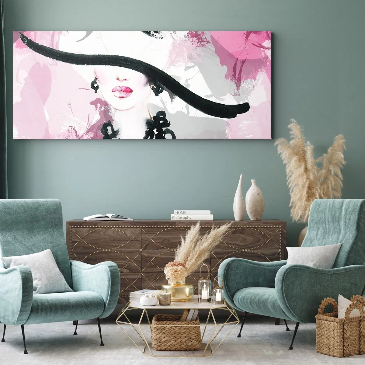Cuadro sobre lienzo - Impresión de Imagen - Retrato de una dama en negro y rosa - 100x40 cm