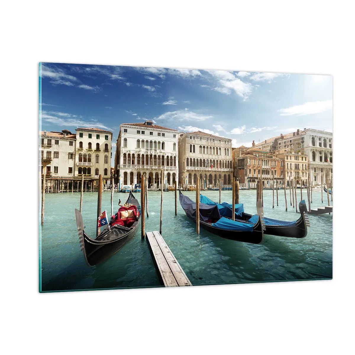 Cuadro sobre vidrio - Impresiones sobre Vidrio - Góndolas en un canal de Venecia en un día soleado - 120x80cm - Palacios en azul - Decoración de pared moderna para salón y dormitorio ARTTOR