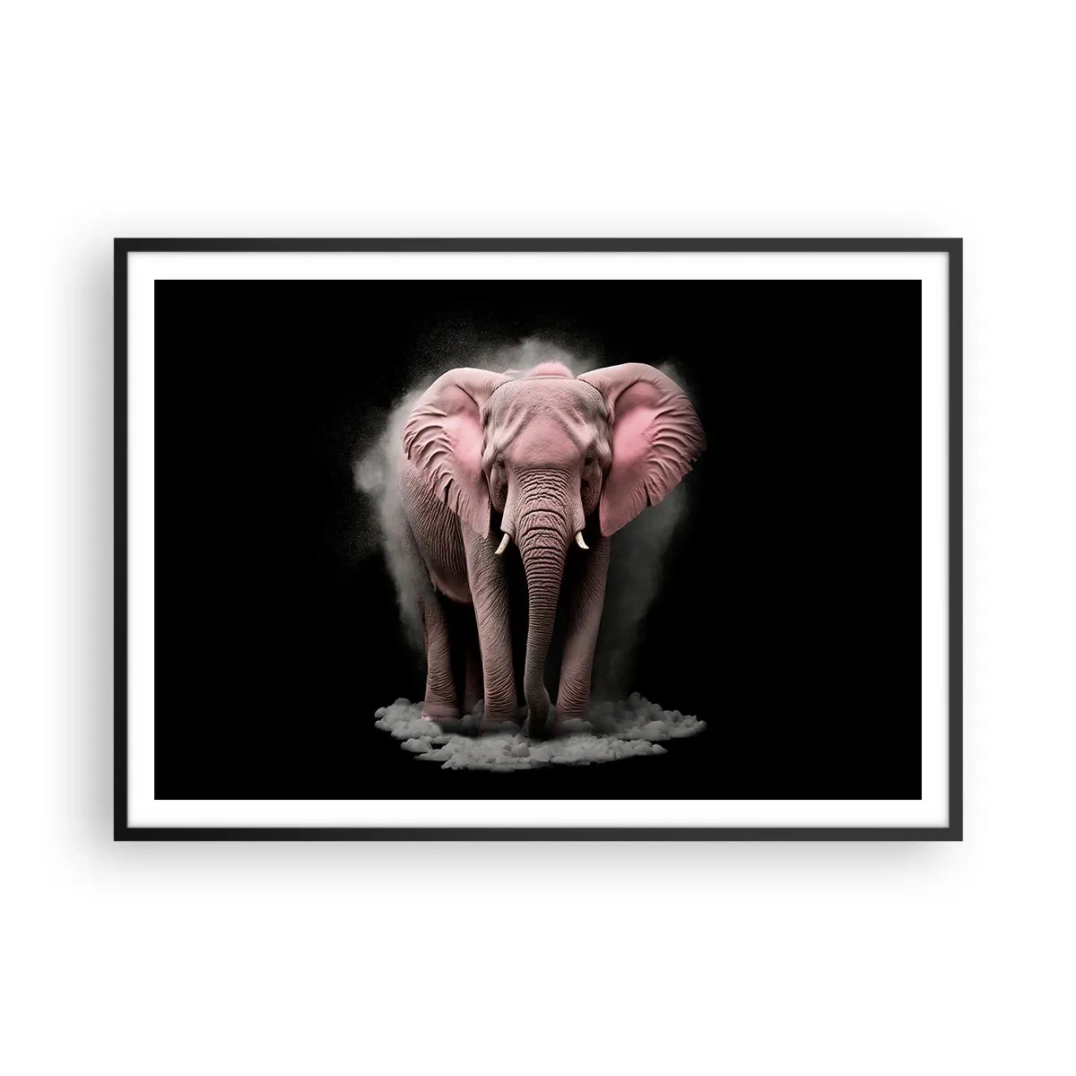 Póster en marco negro - Una interpretación artística de un elefante rosa sobre un fondo negro. - 100x70cm - El rey rosado de oriente - Decoración de pared moderna para salón y dormitorio ARTTOR