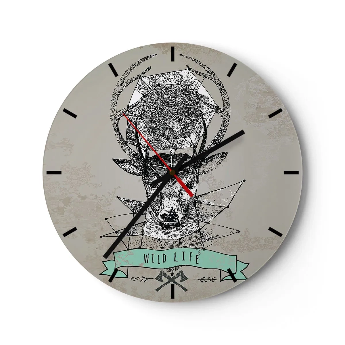 Reloj de pared - Reloj de vidrio - Ciervo geométrico con la inscripción "Vida salvaje" sobre un fondo gris. - 30x30cm - Visión de San Huberto - Decoración de pared moderna para salón, cocina y dormitorio ARTTOR