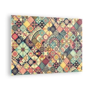 Cuadro sobre vidrio - Impresiones sobre Vidrio - Un patrón colorido inspirado en los azulejos marroquíes con motivos geométricos. - 70x50cm - Clima marroquí - Decoración de pared moderna para salón y dormitorio ARTTOR