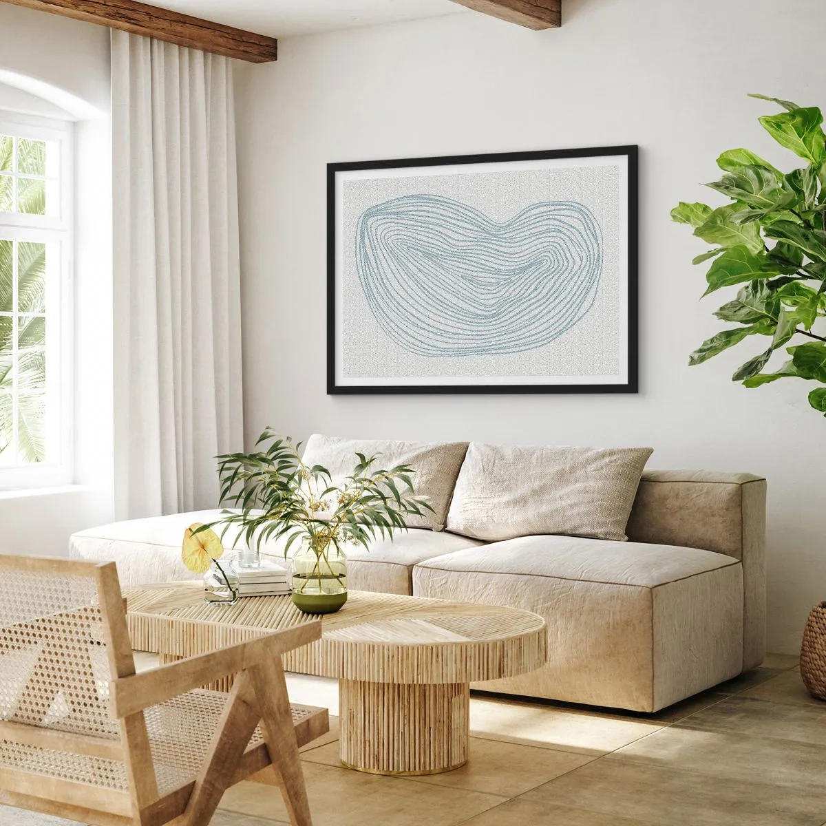 Póster en marco negro - Motivo de onda abstracto en azul delicado - 100x70cm - Sonrisa de una gota - Decoración de pared moderna para salón y dormitorio ARTTOR