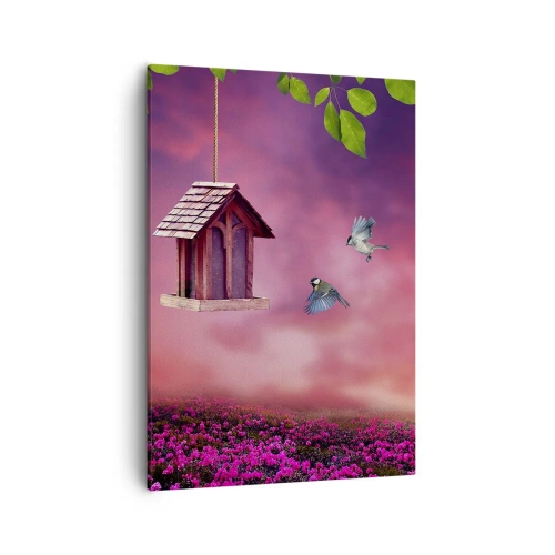 Cuadro sobre lienzo - Impresión de Imagen - Un paisaje pintoresco con una casa para pájaros y una puesta de sol. - 50x70cm - Invitación a una cena - Decoración de pared moderna para salón y dormitorio ARTTOR