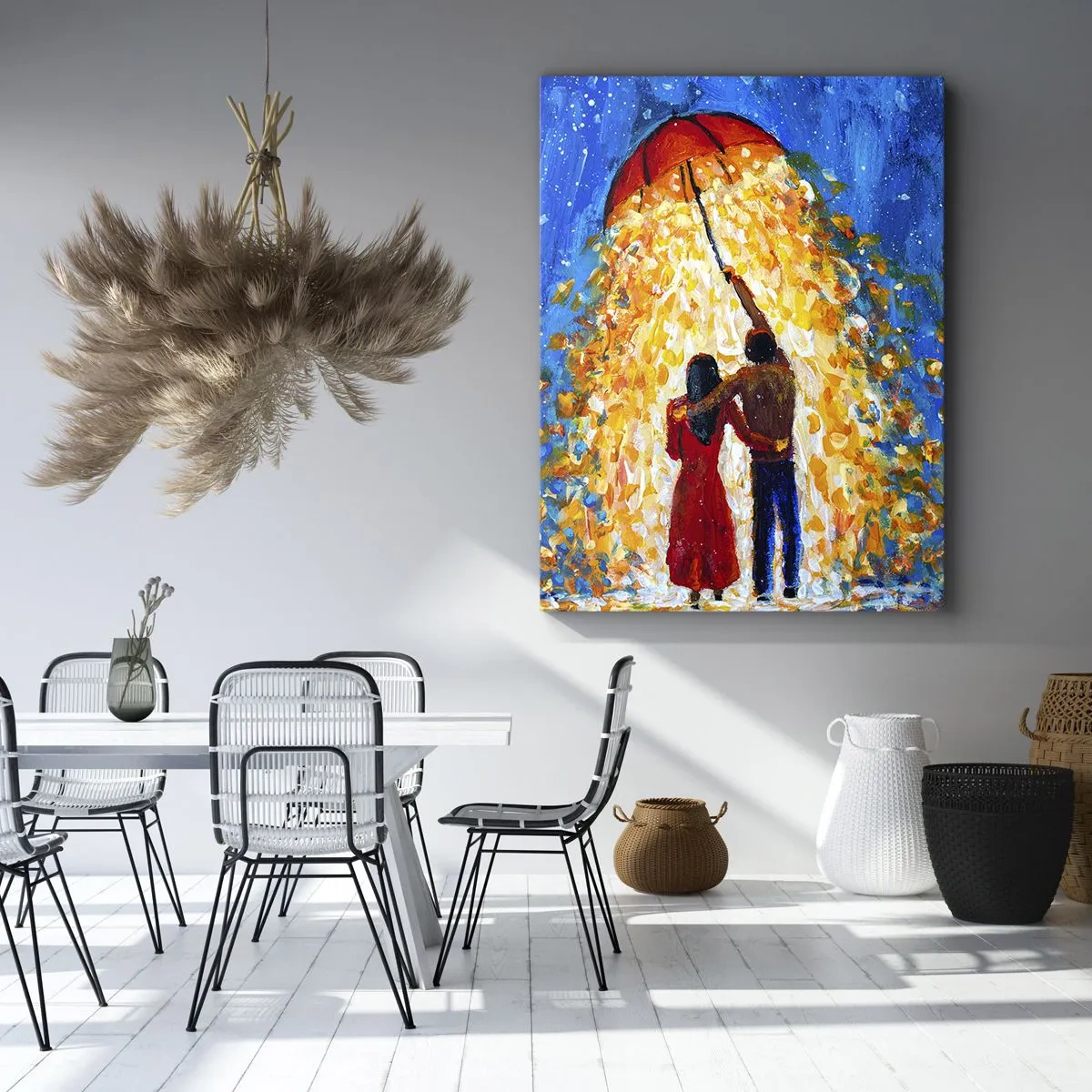 Cuadro sobre lienzo - Impresión de Imagen - Una pareja bajo un paraguas rojo bajo la lluvia luminosa. - 50x70cm - La magia de una tarde lluviosa - Decoración de pared moderna para salón y dormitorio ARTTOR