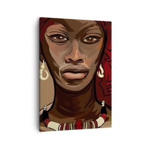 Cuadro sobre lienzo - Impresión de Imagen - Retrato de una mujer con un turbante rojo sobre un fondo beige - 50x70cm - Venus de ébano - Decoración de pared moderna para salón y dormitorio ARTTOR