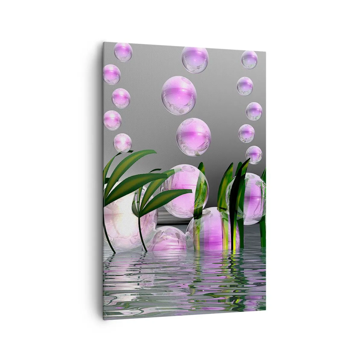 Cuadro sobre lienzo - Impresión de Imagen - Hojas verdes y burbujas rosadas sobre el agua sobre un fondo gris. - 80x120cm - Composición reflexiva de ligereza y vida - Decoración de pared moderna para salón y dormitorio ARTTOR