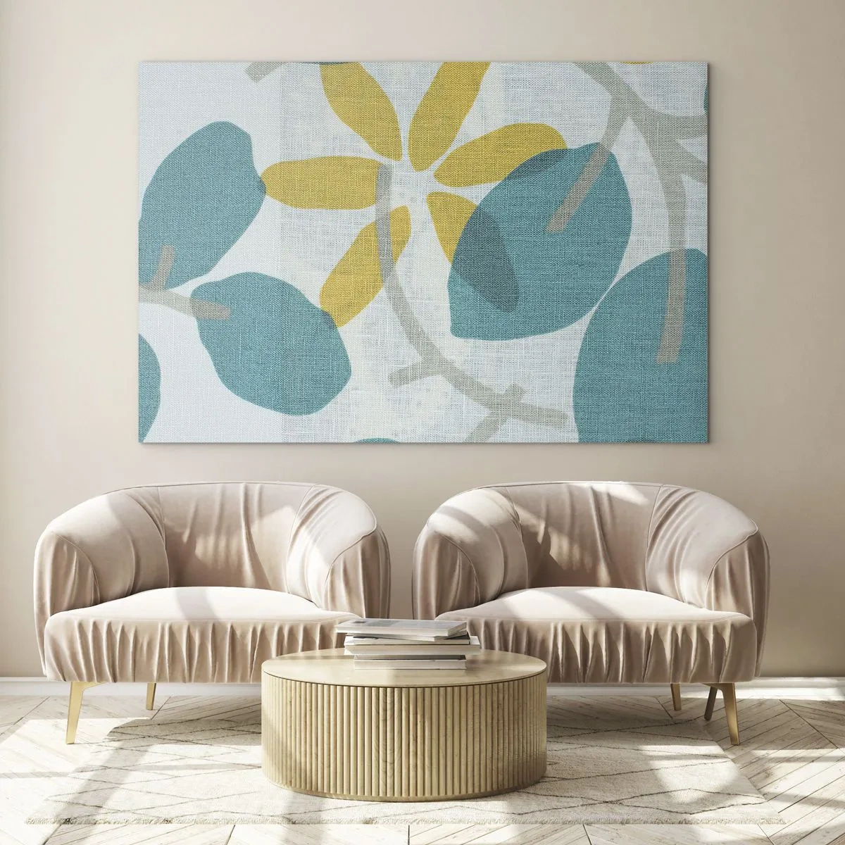 Cuadro sobre vidrio - Impresiones sobre Vidrio - Un gráfico de planta con hojas azules y flores amarillas. - 70x50cm - Entre hojas azules - Decoración de pared moderna para salón y dormitorio ARTTOR
