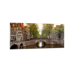 Cuadro sobre vidrio - Impresiones sobre Vidrio - Un canal en Ámsterdam rodeado de casas de vecindad históricas - 120x50cm - ¿En barco o en bicicleta? - Decoración de pared moderna para salón y dormitorio ARTTOR