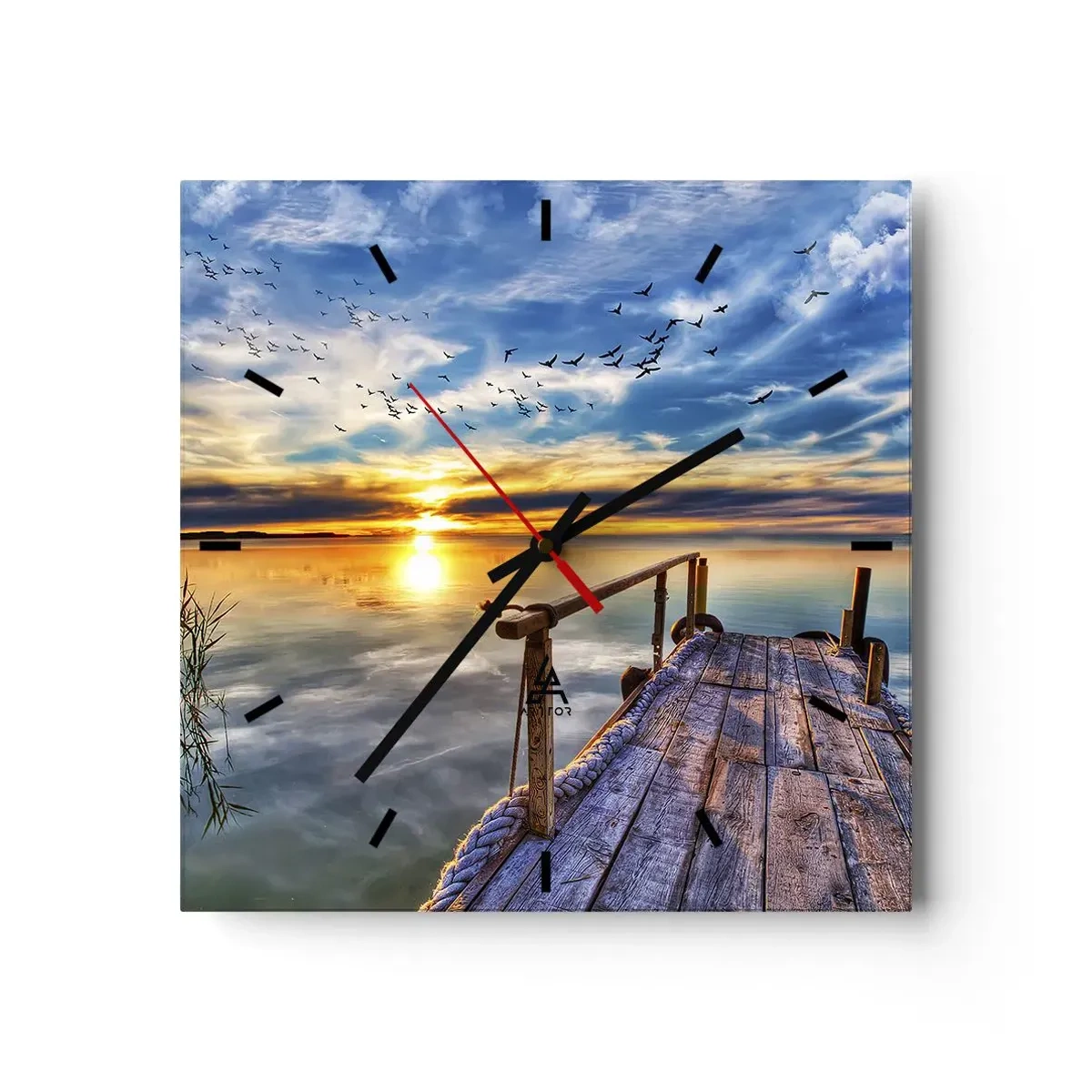 Reloj de pared - Reloj de vidrio - Muelle de madera sobre el lago al atardecer - 30x30cm - El viento se va a descansar - Decoración de pared moderna para salón y dormitorio ARTTOR