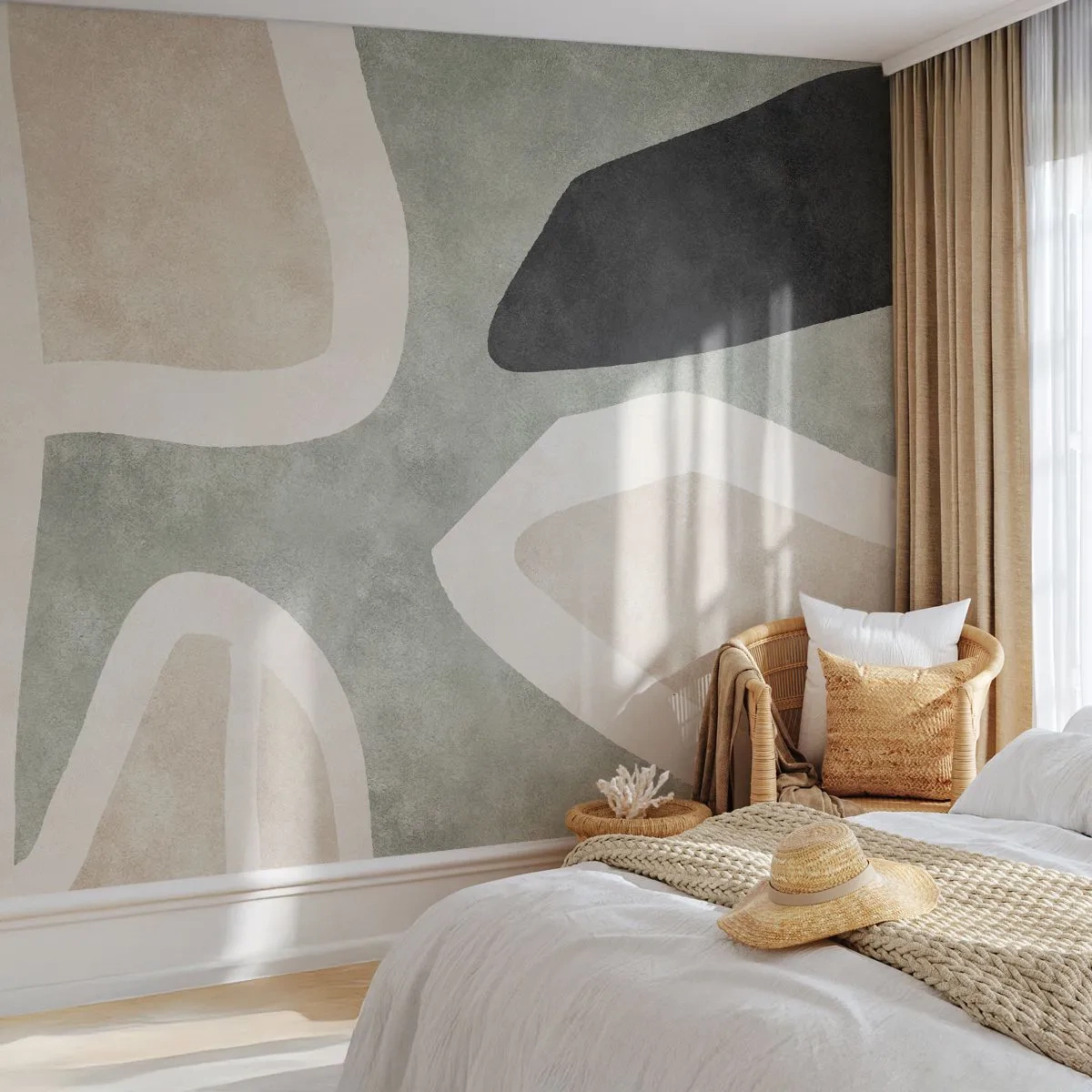 Fotomural Premium Sand - Forma abstracta con beige, verde y negro. - 100x70cm - Composición con un toque negro - Decoración de pared moderna para salón y dormitorio ARTTOR