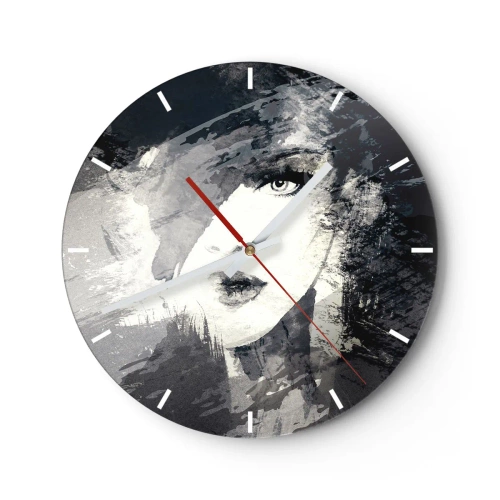 Reloj de pared - Reloj de vidrio - Retrato de una mujer en tonos grises con una mirada intensa. - 30x30cm - Tras un velo gris - Decoración de pared moderna para salón, cocina y dormitorio ARTTOR