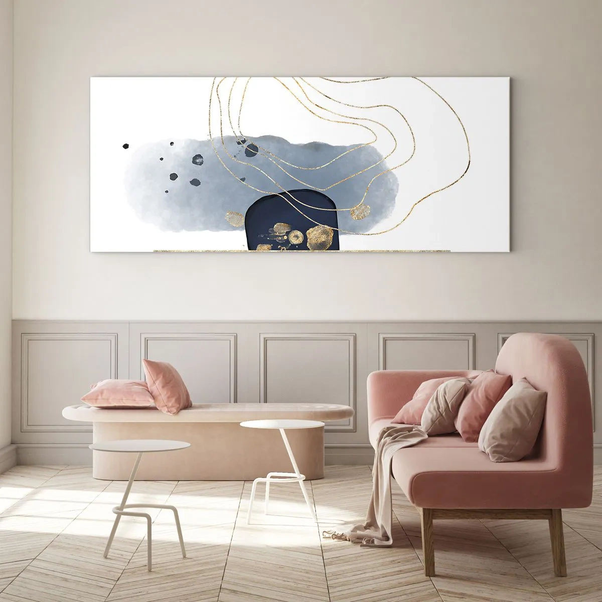 Cuadro sobre vidrio - Impresiones sobre Vidrio - Abstracción en tonos azules y dorados. - 120x50cm - Fantasía azul y oro - Decoración de pared moderna para salón y dormitorio ARTTOR