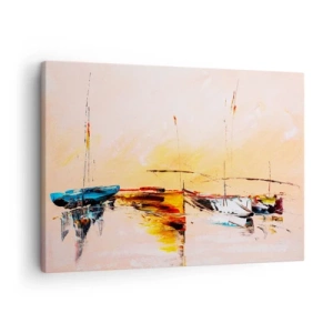Cuadro sobre lienzo - Impresión de Imagen - Barcos coloridos en aguas tranquilas al atardecer - 70x50cm - Atardecer en el puerto deportivo - Decoración de pared moderna para salón y dormitorio ARTTOR