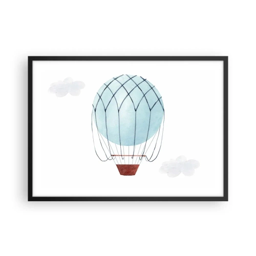 Póster en marco negro - Un globo pintado a mano sobre un fondo de delicadas nubes. - 70x50cm - Acariciando las nubes - Decoración de pared moderna para salón y dormitorio ARTTOR