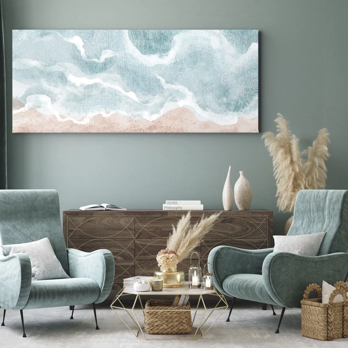 Cuadro sobre lienzo - Impresión de Imagen - Playa abstracta con olas en tonos azules y beige. - 160x50cm - Abstracción de nubes - Decoración de pared moderna para salón y dormitorio ARTTOR