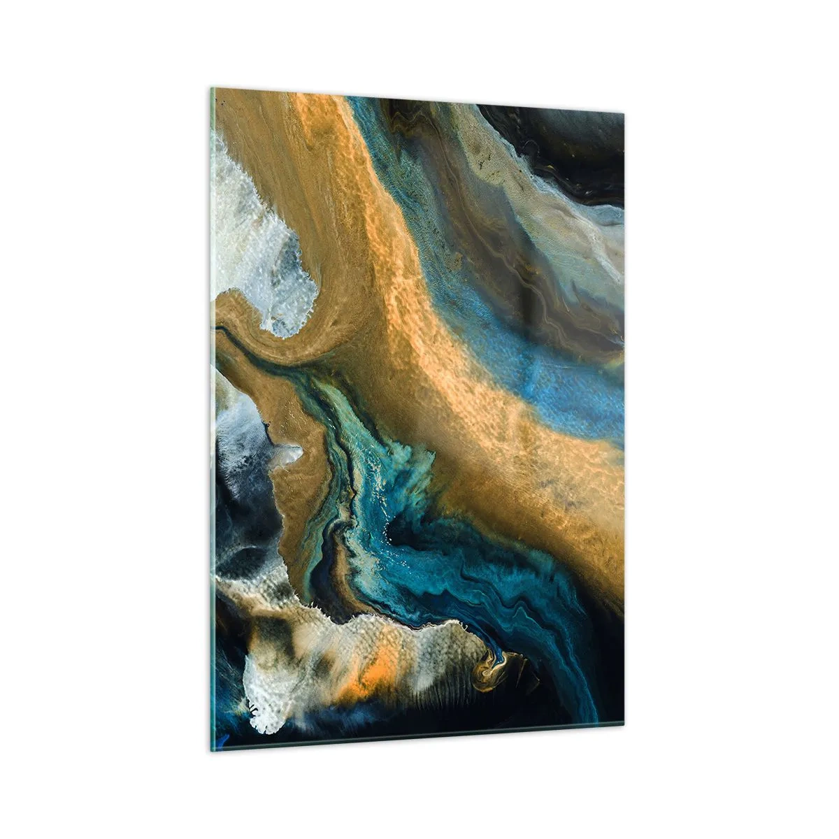 Cuadro sobre vidrio - Impresiones sobre Vidrio - Composición abstracta en tonos azules y dorados. - 50x70cm - Azul - amarillo - influencia mutua - Decoración de pared moderna para salón y dormitorio ARTTOR
